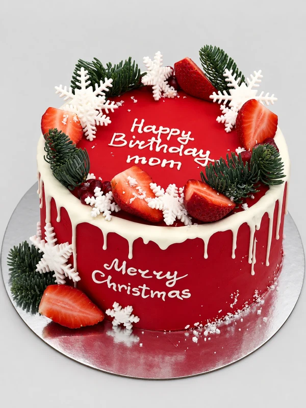 Торт "Merry Christmas mom" — Торт «Merry Christmas mom» — красный новогодний торт для мамы с клубникой, еловыми ветвями и снежинками.